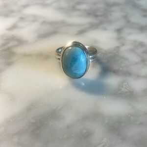 Large oval Larimar gemstone ring 925 sterling silver ring in size 6